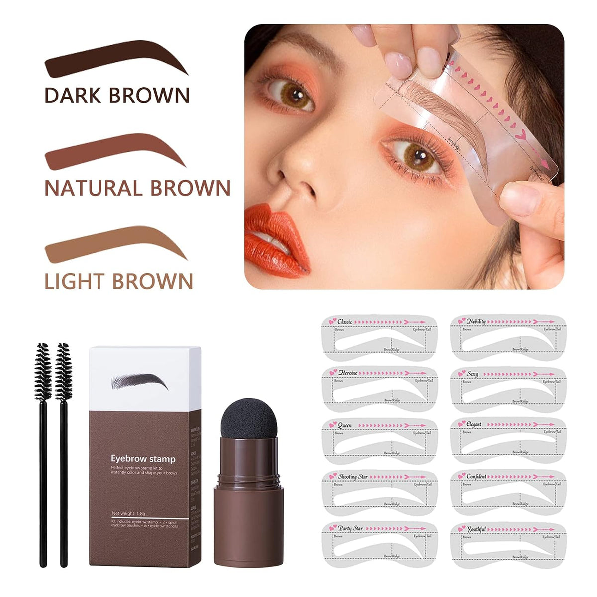 Eye-Brow Stamp Stencil Kit with 10 Reusable Eyebrow Stencils & 2 Brushes
