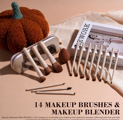 15pcs Makeup Brushes Set - Essential Foundation Powder Concealers, Eye Shadows, Blush Makeup Brushes with Travel Makeup Case