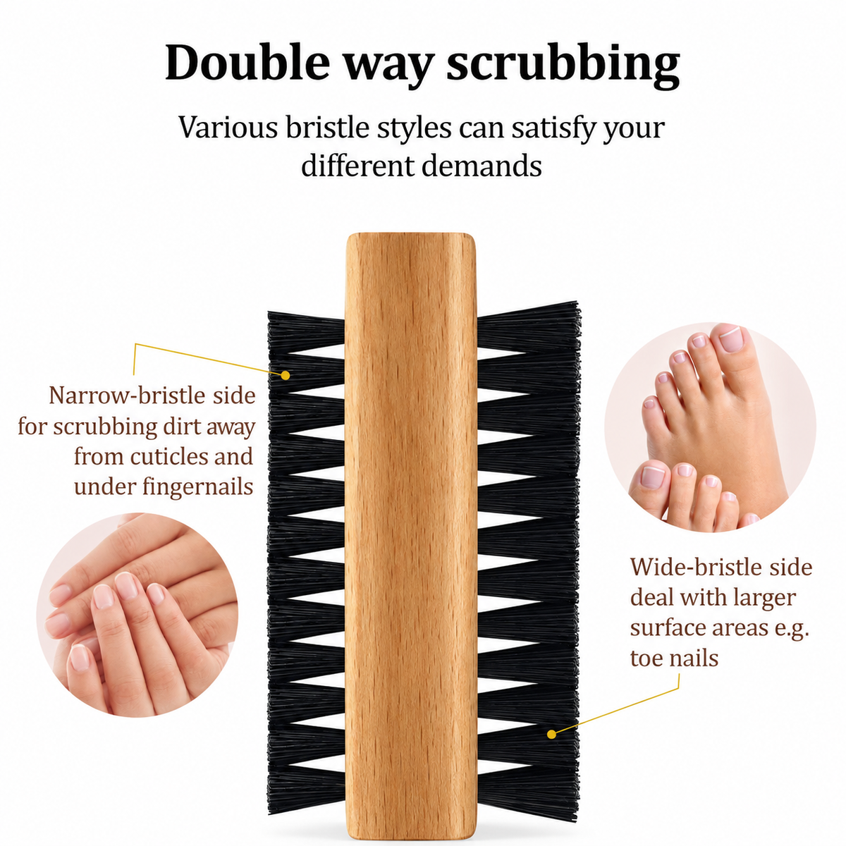 Wooden Cleaning Finger Nail Brush with Nylon Charcoal Bristles