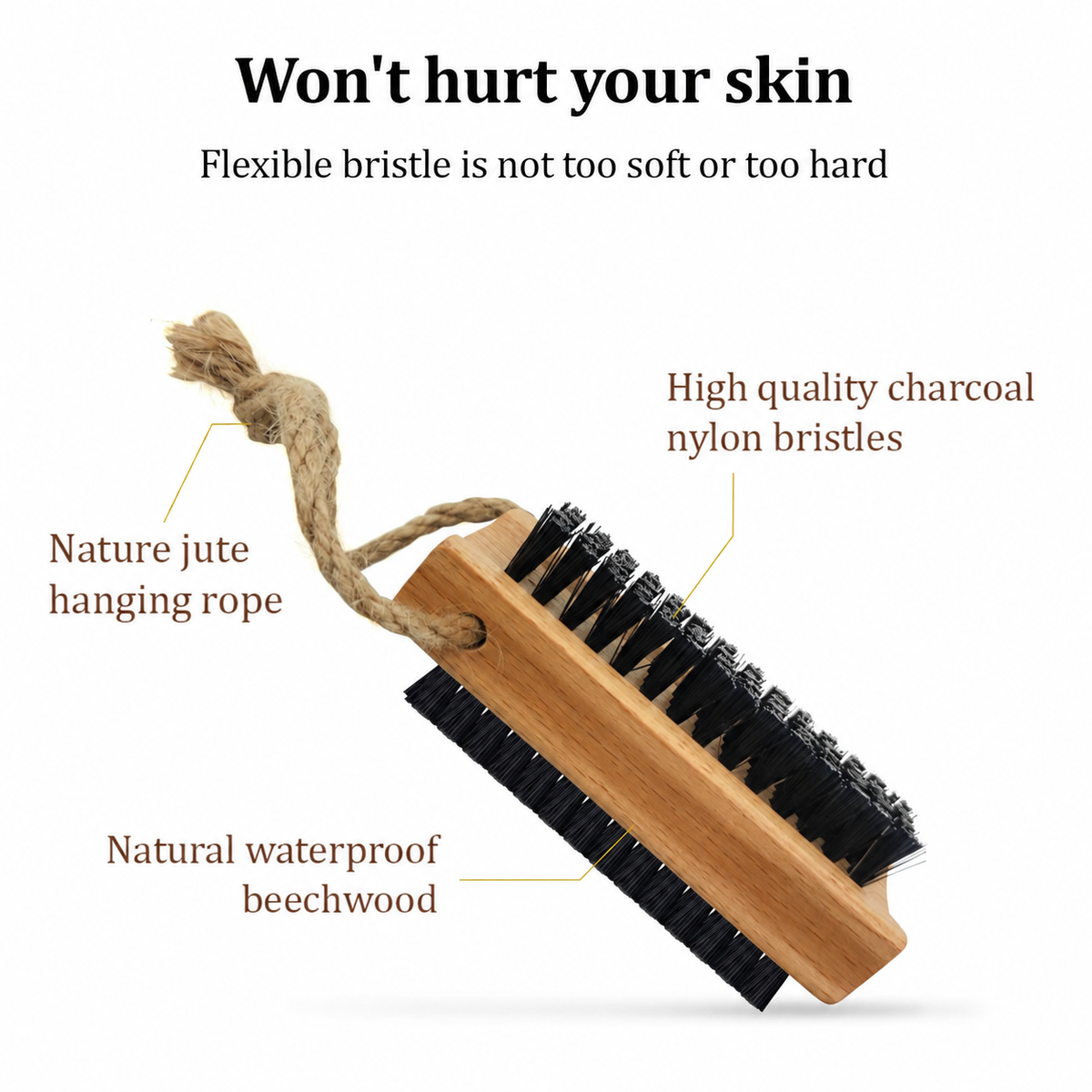 Wooden Cleaning Finger Nail Brush with Nylon Charcoal Bristles