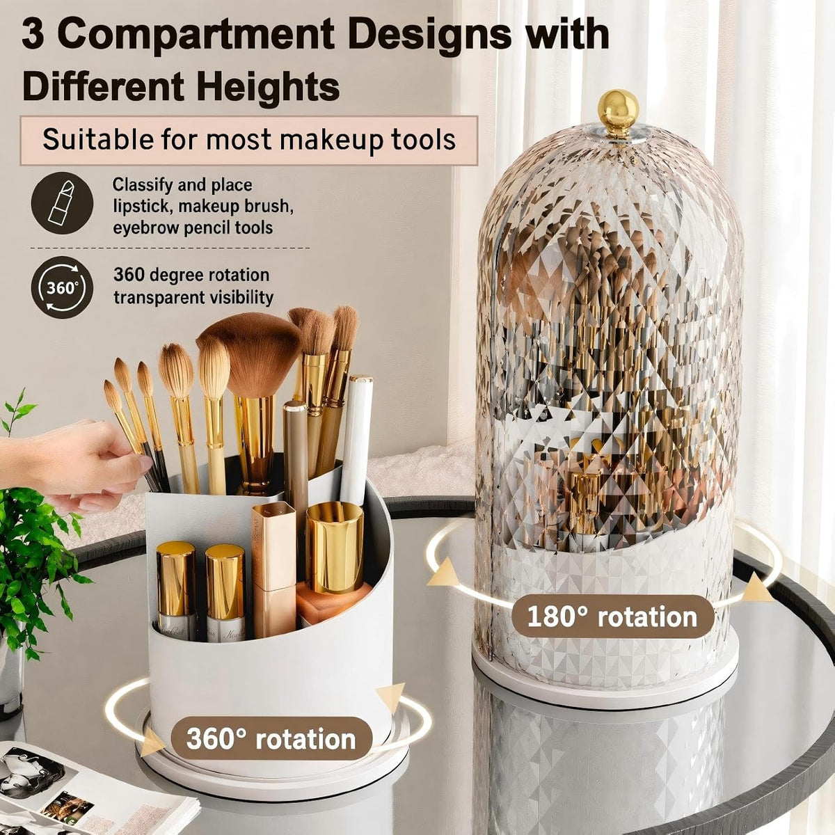 Makeup Brush Holder with Lid 360 Rotating Makeup Organizer