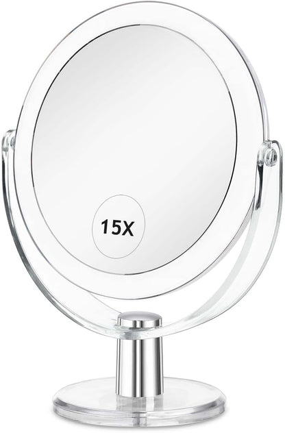 Vanity Makeup Mirror with Stand, 1X/15X Magnification Double Sided 360 Degree Swivel
