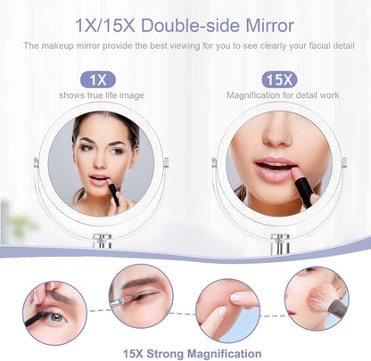 Vanity Makeup Mirror with Stand, 1X/15X Magnification Double Sided 360 Degree Swivel