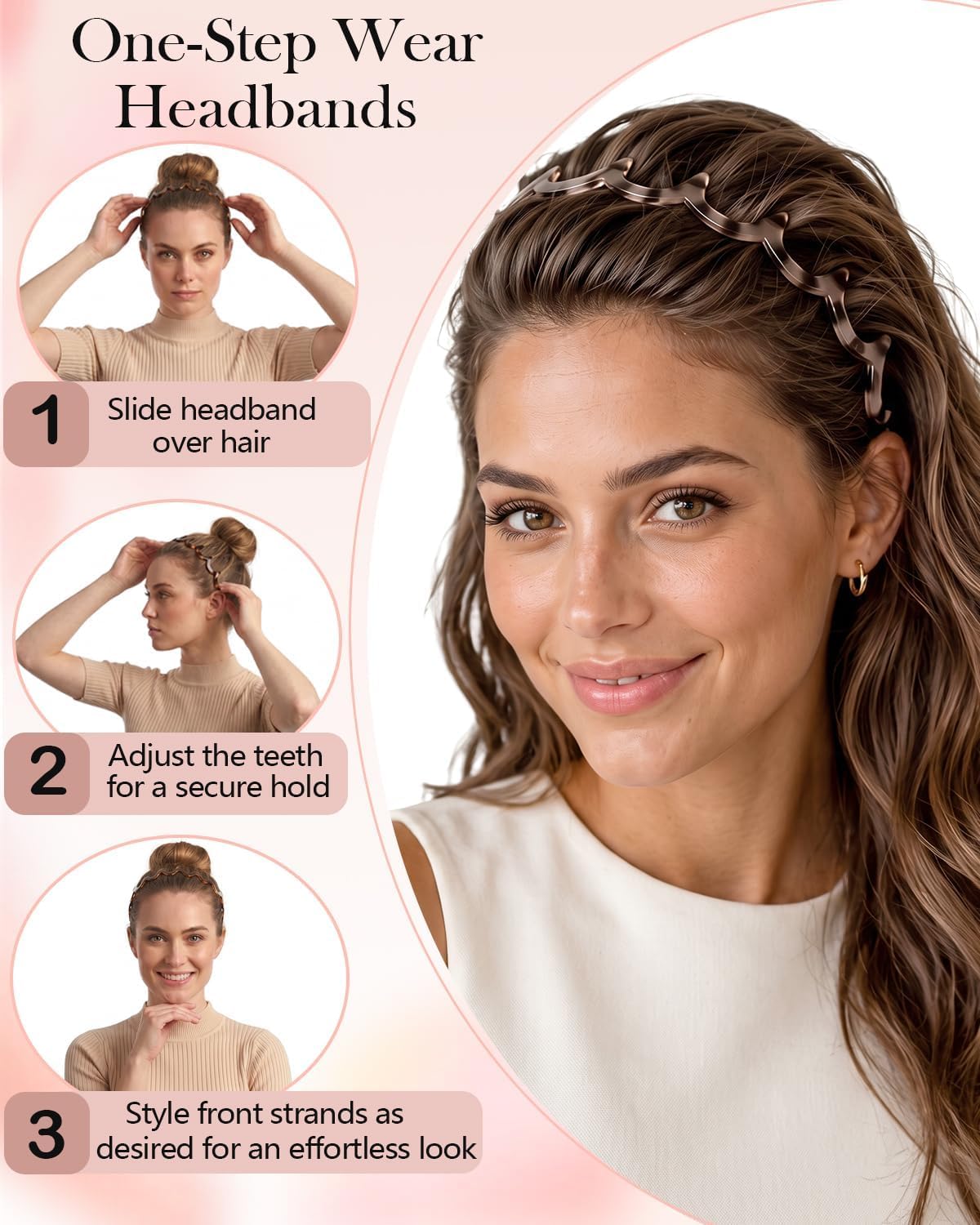 Pack of 2 Non-Slip Comb Wavy Headbands with Teeth for Women