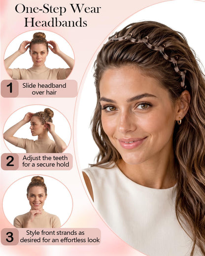 Pack of 2 Non-Slip Comb Wavy Headbands with Teeth for Women