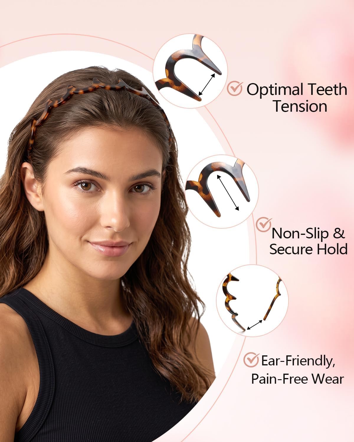 Pack of 2 Non-Slip Comb Wavy Headbands with Teeth for Women
